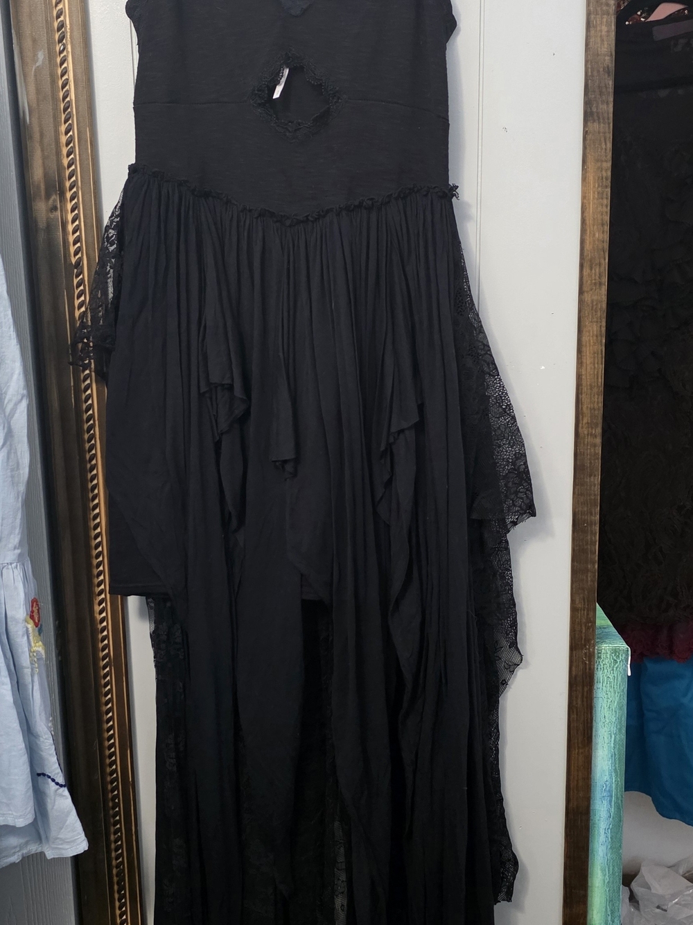 Free People Black Fairy Like Layered Dress with Lace And Solid Panels